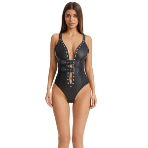Lism Custom logo Print Luxury Fashion Hot One Piece Zipper Sleeveless Costume Women Lingerie Set Black Sexy Pu Leather Bodysuit