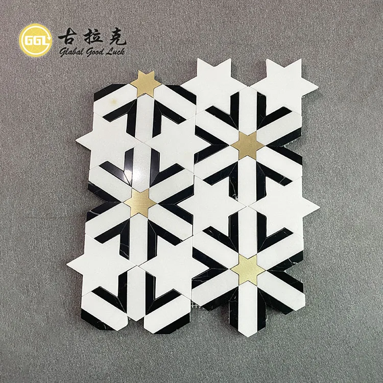 Hot Selling White Mosaic Star Shape Marble Tile Inlay Brass Stone Black Wall Floor Mosaic Tile