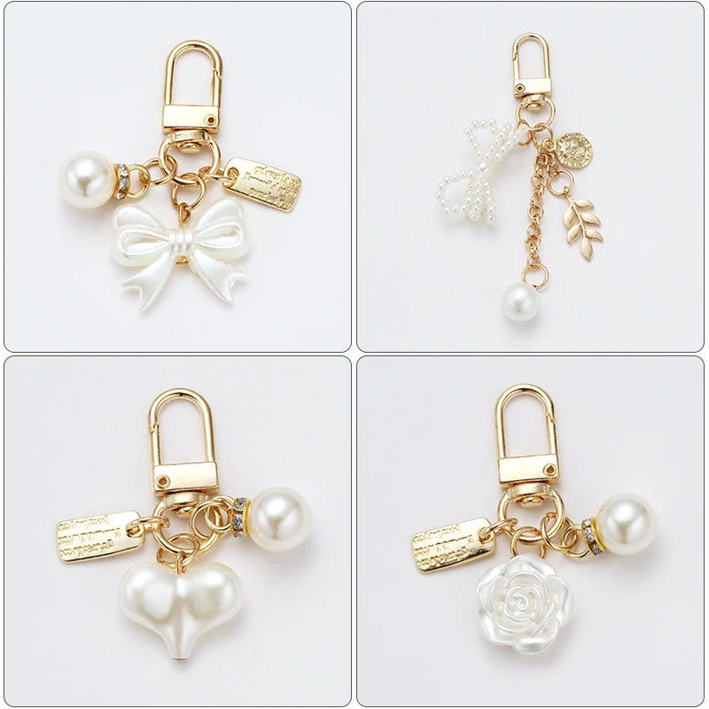 Fresh Creative New Pearl Alloy Keychain Pendant Bow Lock Key Accessories with Heart and Bag Made of Durable Acrylic Plastic