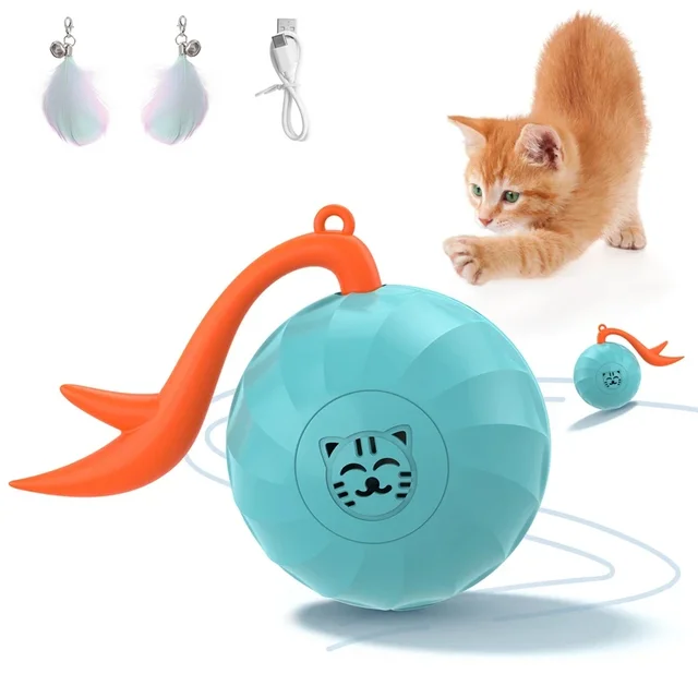 Automatic Cat Teasing Toy Auto Rolling Intelllgent Ball Flashing Timing Function with Feathers Cat Interactive Toy