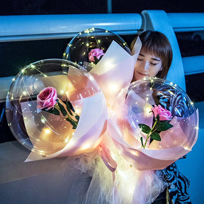 2022 Valentines Day Gifts Artificial Flowers Bouquet Led Balloons Clear Inside Bobo Balloon with Led Lights