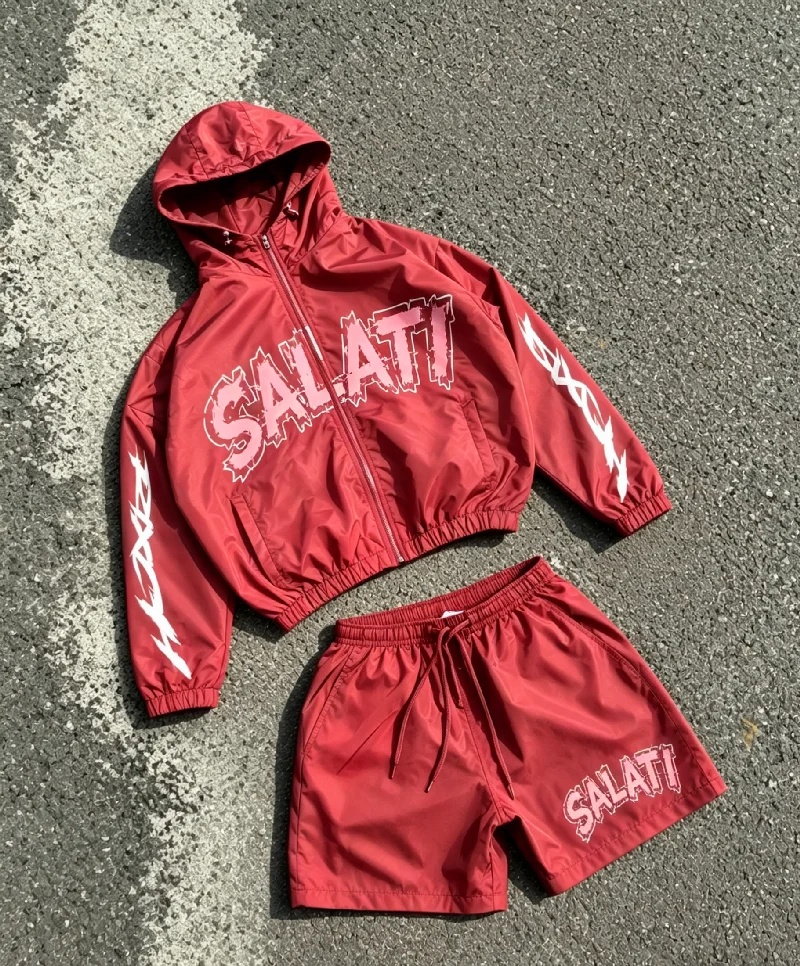 Men OEM Windproof Polyester Tracksuit Zipper Hoodie and Shorts Custom Two Piece Wind Breaker Set