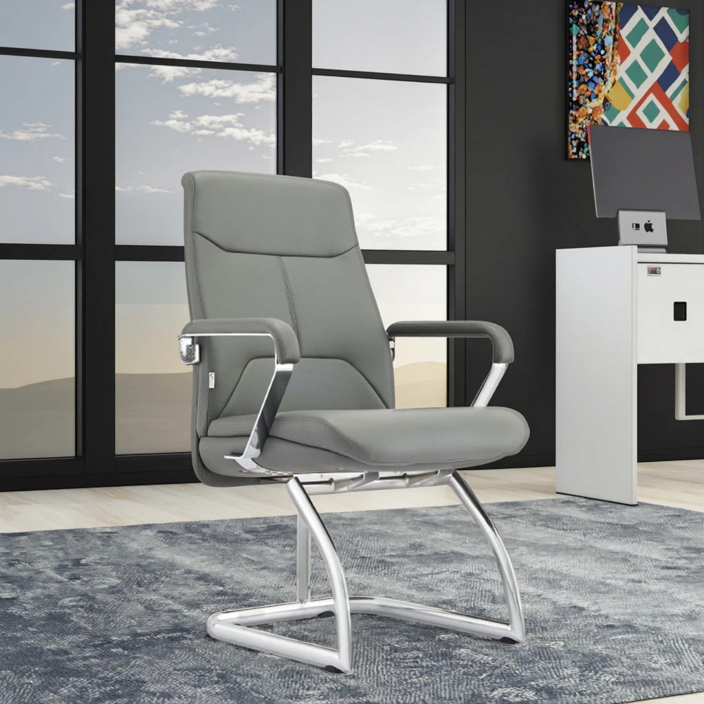 Modern Executive Leather Chrome Frame Desk Chair Fixed Headrest Adjustable Height Swivel Solid Back Aluminium Base Office 6