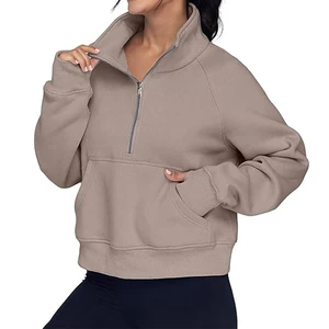 Custom High Quality Half Zipper Crew Neck Full Sleeve Hoodie Drop Shoulder  Hoodies for Women