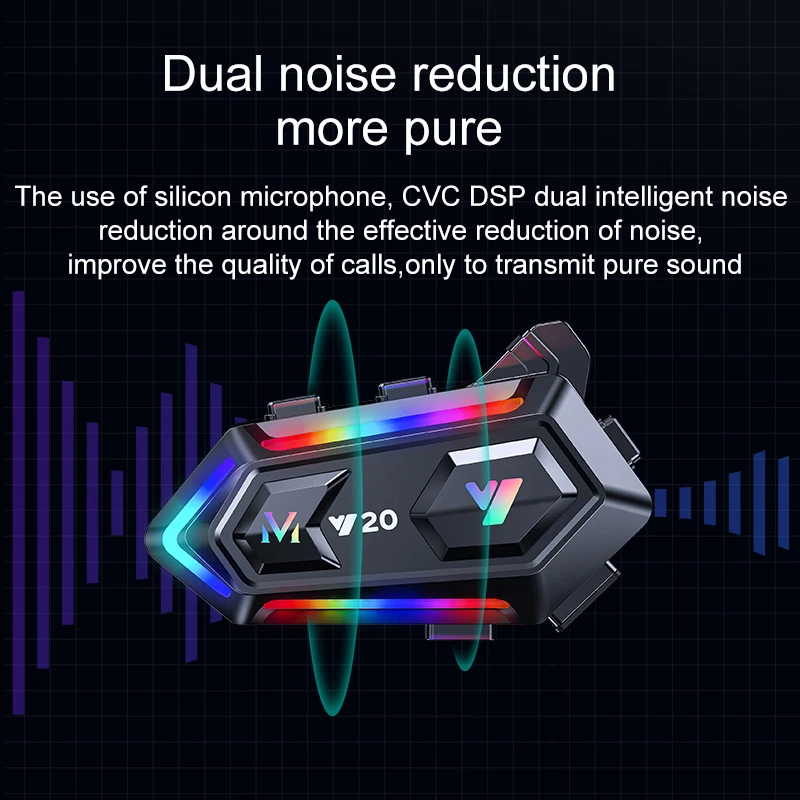 Motorcycle Intercom Headphone Dual Noise Reduction Wireless Helmet IPX6 Waterproof RGB Light Earphone with Microphone