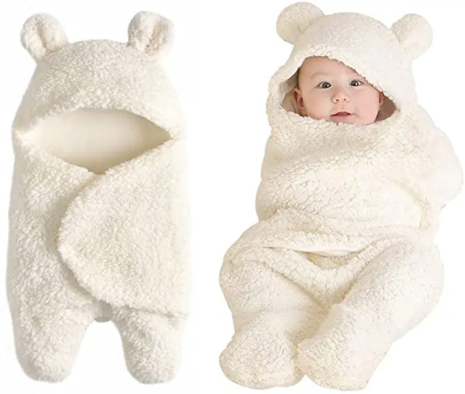 Cotton Plush Receiving Blanket Newborn Sleeping Wraps Sherpa Sleepsack Swaddle Hooded Baby Wearable Blanket details