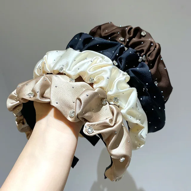 Korean Satin Pleated Wide Edge Hairbands Solid Color Elegant Hair Band Women Makeup Rhinestone Decorative Headband Accessories