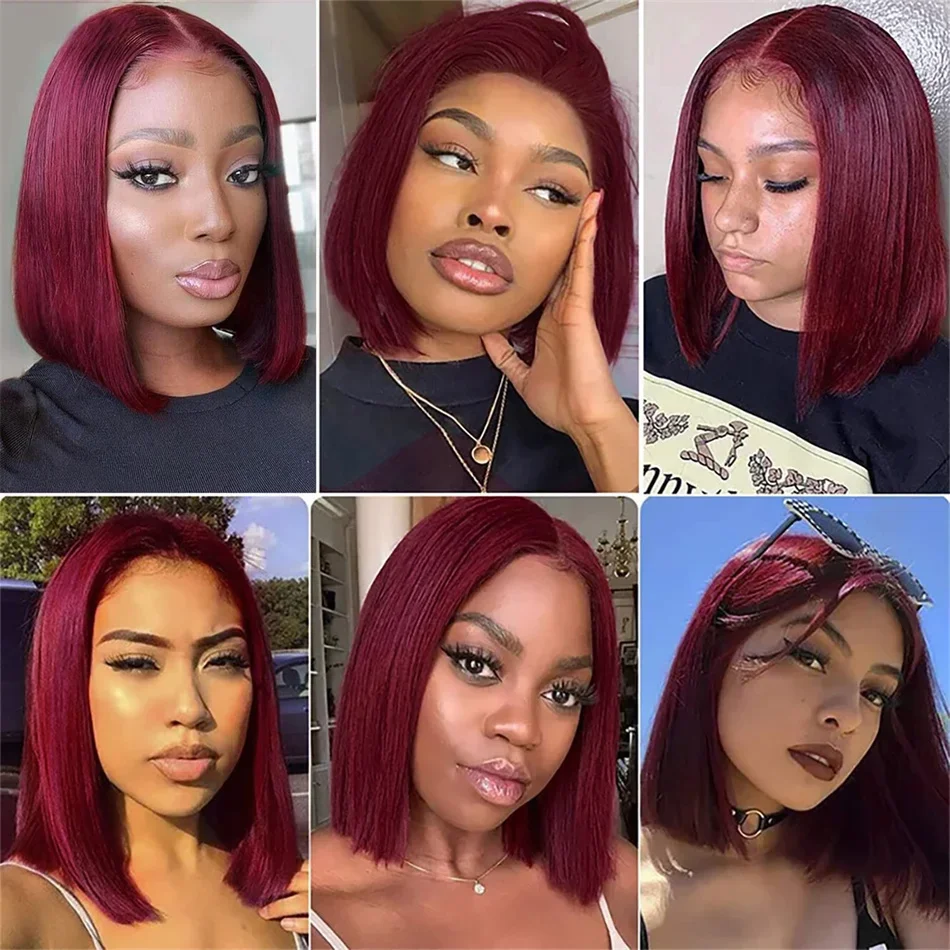 Kurze Bob Perücke Echthaar Perücken für Frauen Burgund 13x4 Spitze vorne 99J brasilianischen Pre gezupft_voghion.com