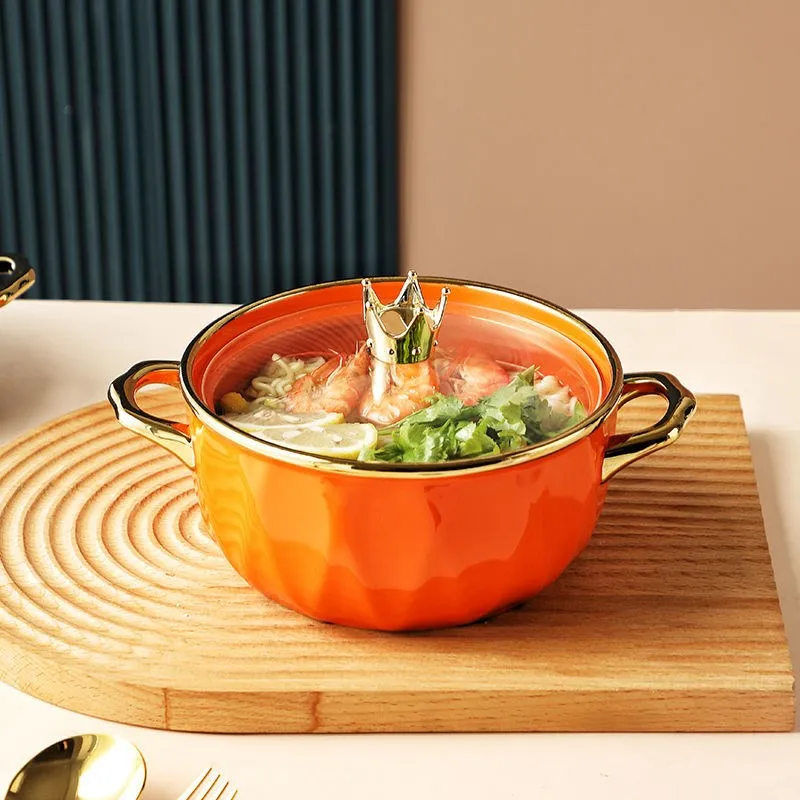 High Quality Porcelain Colorful Gold Rim Plating Ceramic Buffet Bowl Pot Tureens Cooking Soup Pot With Glass Lid