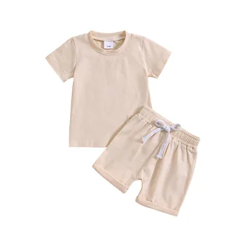 Baby clothing boys and girls short-sleeved shorts solid color sports version two-piece summer clothes