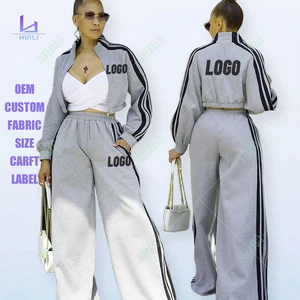 Huili Oem Stand Collar Zip up Cropped Top Jacket & Baggy Sweatpants Manufacturer Tracksuit Custom logo Activewear Sets for Women