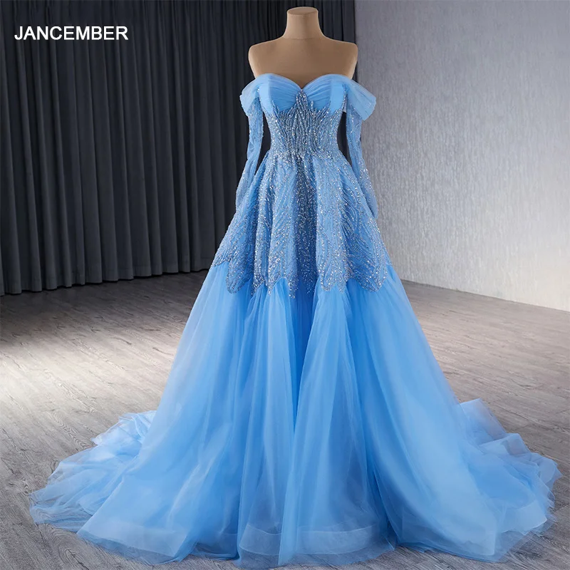 Blue Long Sleeves Beaded off-Shoulder Maxi Mermaid Gowns