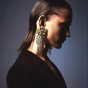 Vintage Gold Plated Women's Tassel Drop Earrings Trendy Brass Devil's Eye Enamel Rhinestones Geometric Shape