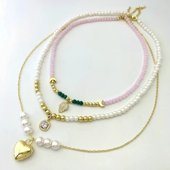 Natural Pearl Beaded Necklace Multi-color Heart Shape Pendant Decoration Bohemian Stone Jewelry