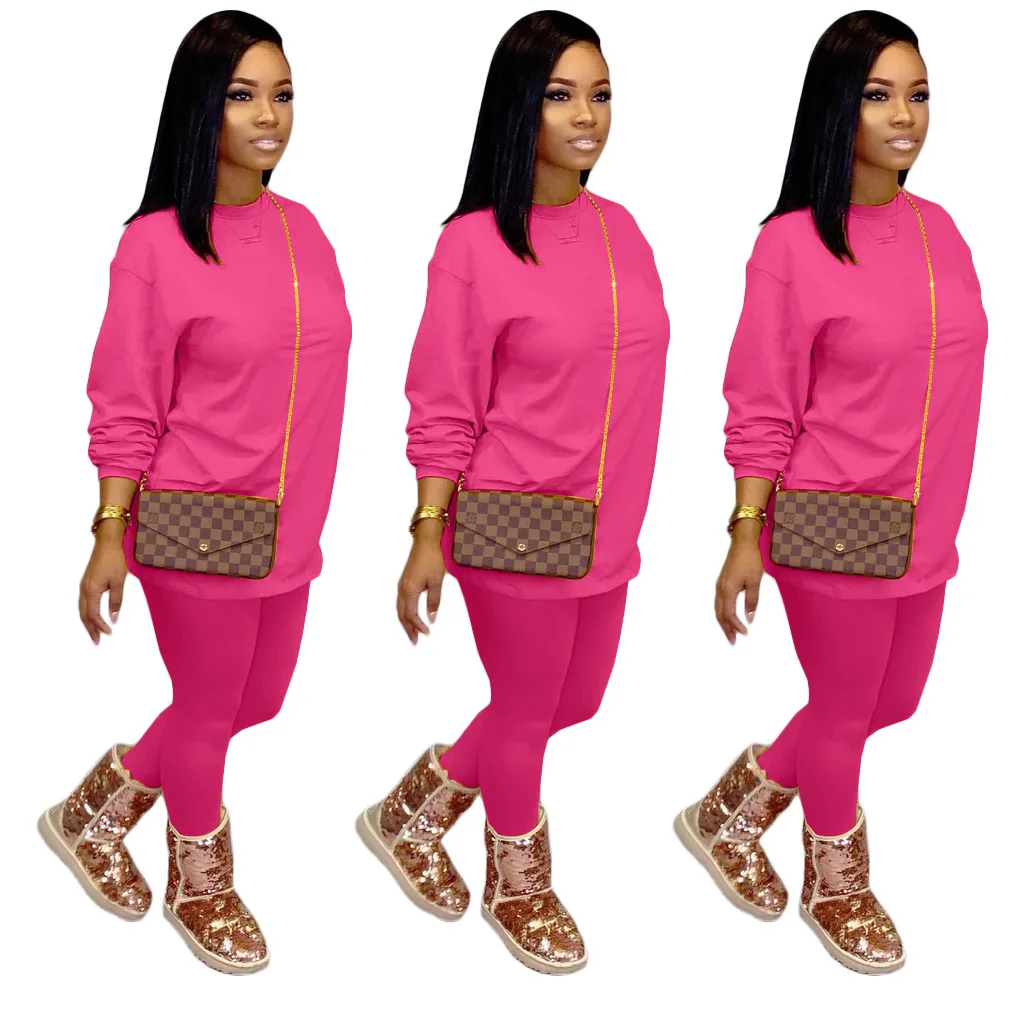 Женский однотонный комплект из двух предметов, Топ с длинным рукавом и круглым вырезом, леггинсы, осень 2021