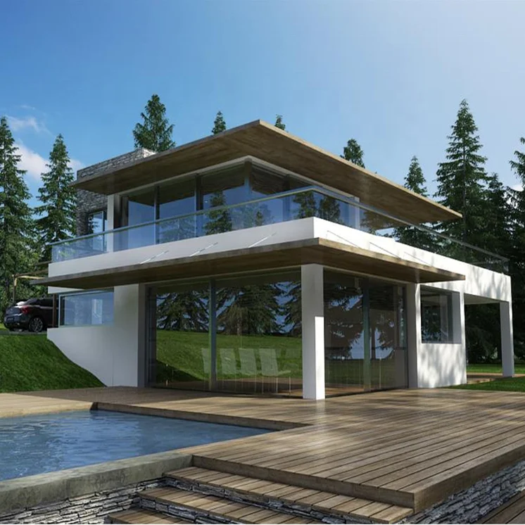 Steel Structure 2 Floor Prefab House Glass Prefab House Kits House Villa