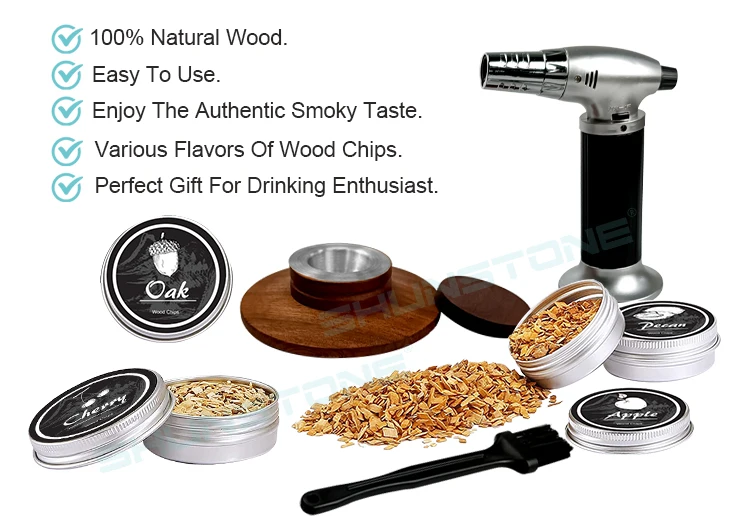 Bartending Cocktail Smoker Kit Set With Torch And 4 Kind Of Wood Chips Wooden Box For Whiskey