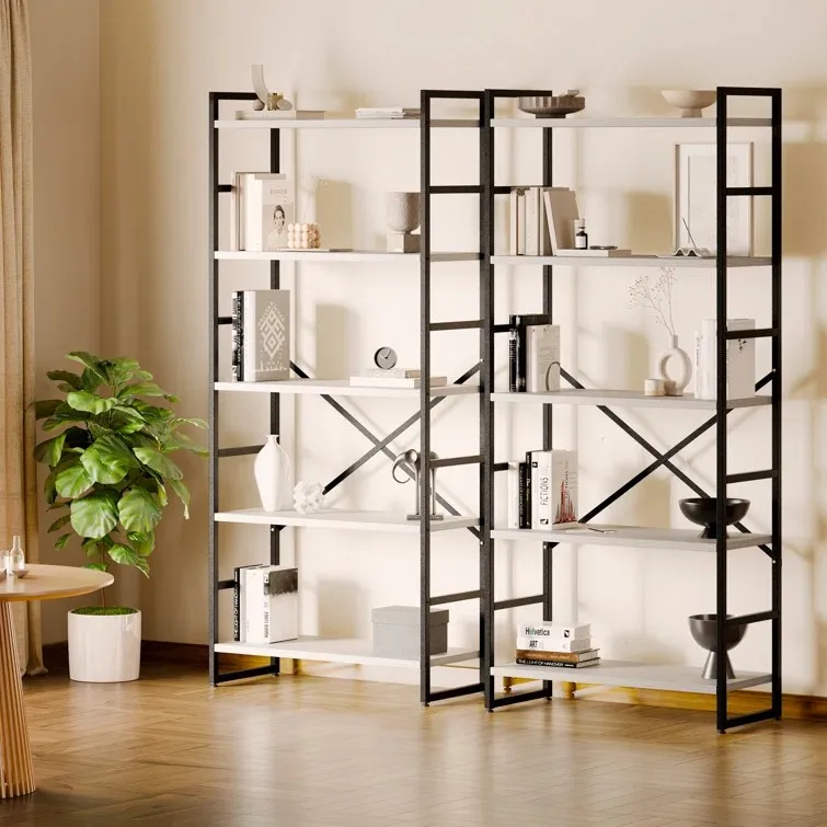 Rustic Large Open Metal Framed Bookshelf Tall Free Combination Office Bookcase Book Shelf Cabinet Rack Wood Wall Bookshelves