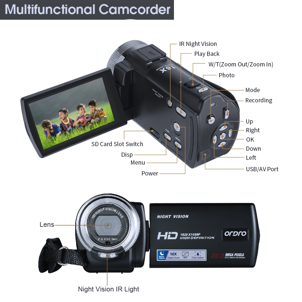 ORDRO Infrared Night Vision Camera IR Digital Zoom Video Recording Cheap Professional Portable Handheld Camera for Youtube Vlog