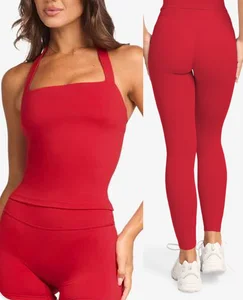 2pcs Custom Logo Halter Crop Top Sexy Women Workout Set Fitness Gym Suits Quick Dry Sports Tight Leggings Red Yoga Sets