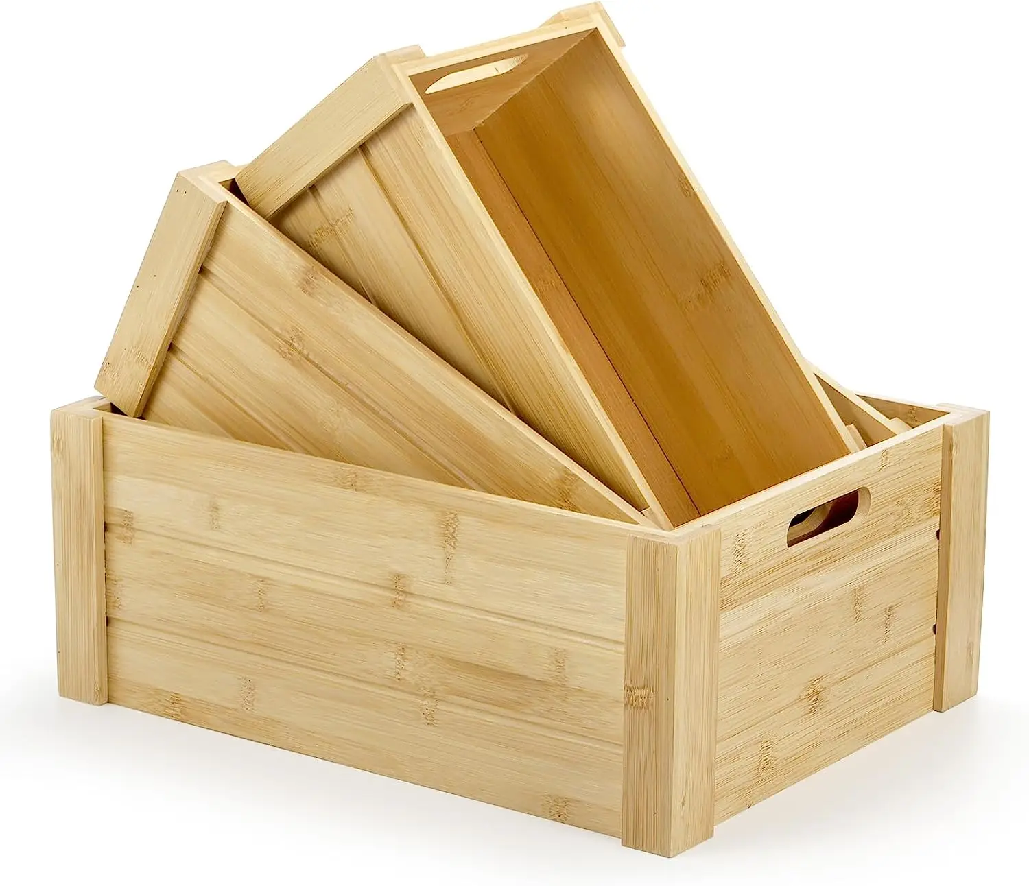 Natural Bamboo Wooden Storage Bins Set Desktop Basket Box Kitchen Food Container with Handles