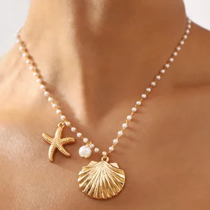 Women's Summer Stainless Steel Necklace Starfish Shell Pendant Gold Fashionable Holiday Style Jewelry Featuring Pearl for Girls