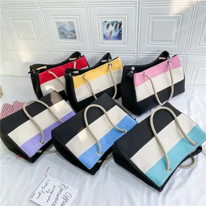 2026 New Fashion Women's Canvas Tote Bag Large Capacity Rope Handle Striped Casual Shoulder Handbag for Shopping