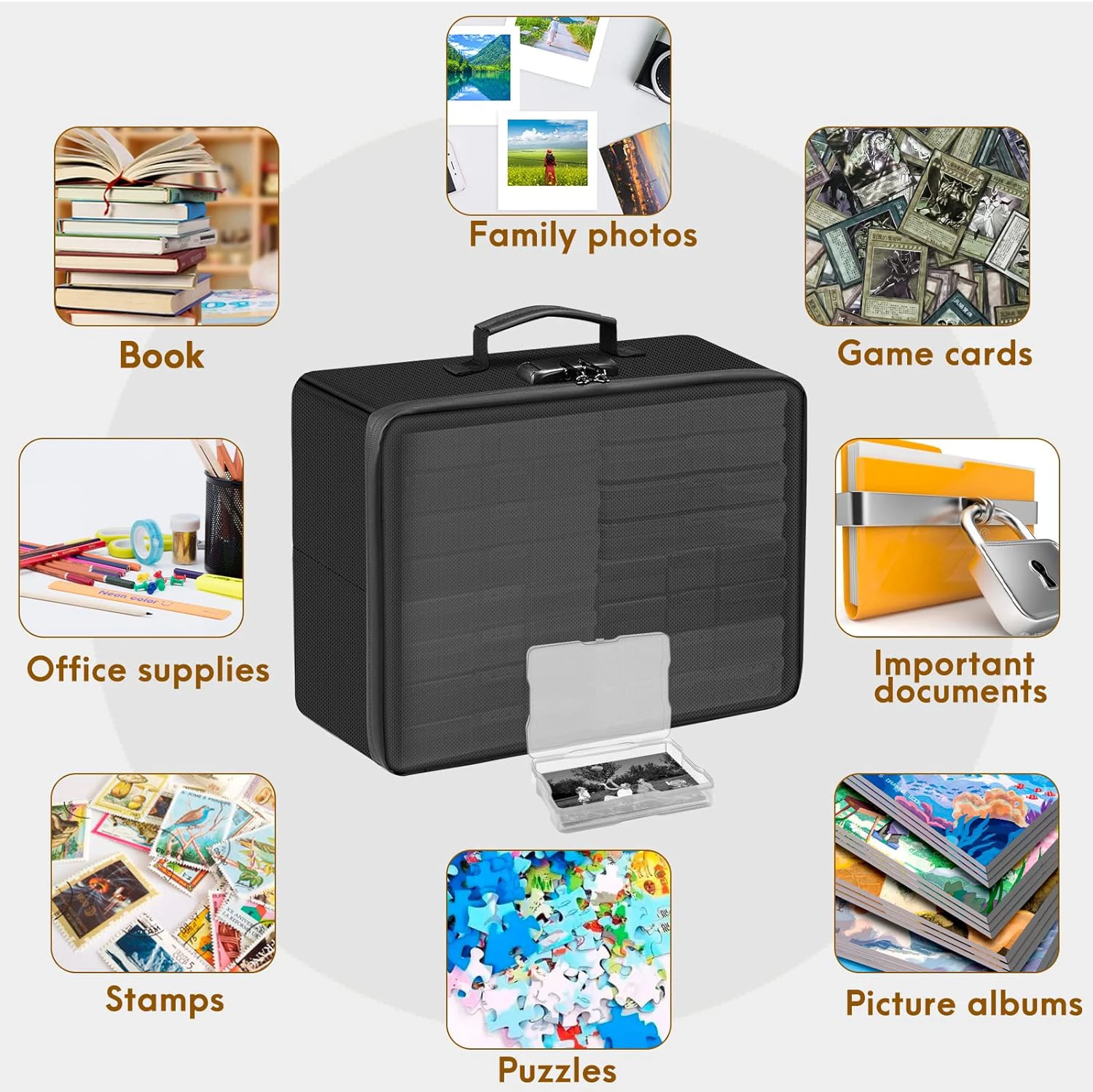 Portable Fireproof Photo Storage Box 16 Inner Photo Keeper Clear Case Collapsible Filing Organizer for Valuables Pictures