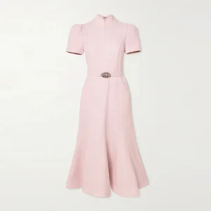 Clothing Manufacturer Custom pink Crew Neck Short Sleeves Pearl Embellished Crepe Women Elegant Casual Midi Dress