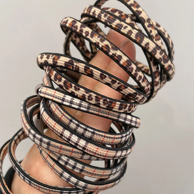 6mm Wide Flat Leopard Prints Khaki Hair Scrunchies Plaid Elastic Hair Bands Top Elasticity Ponytail Holder Hair Ties for Girl