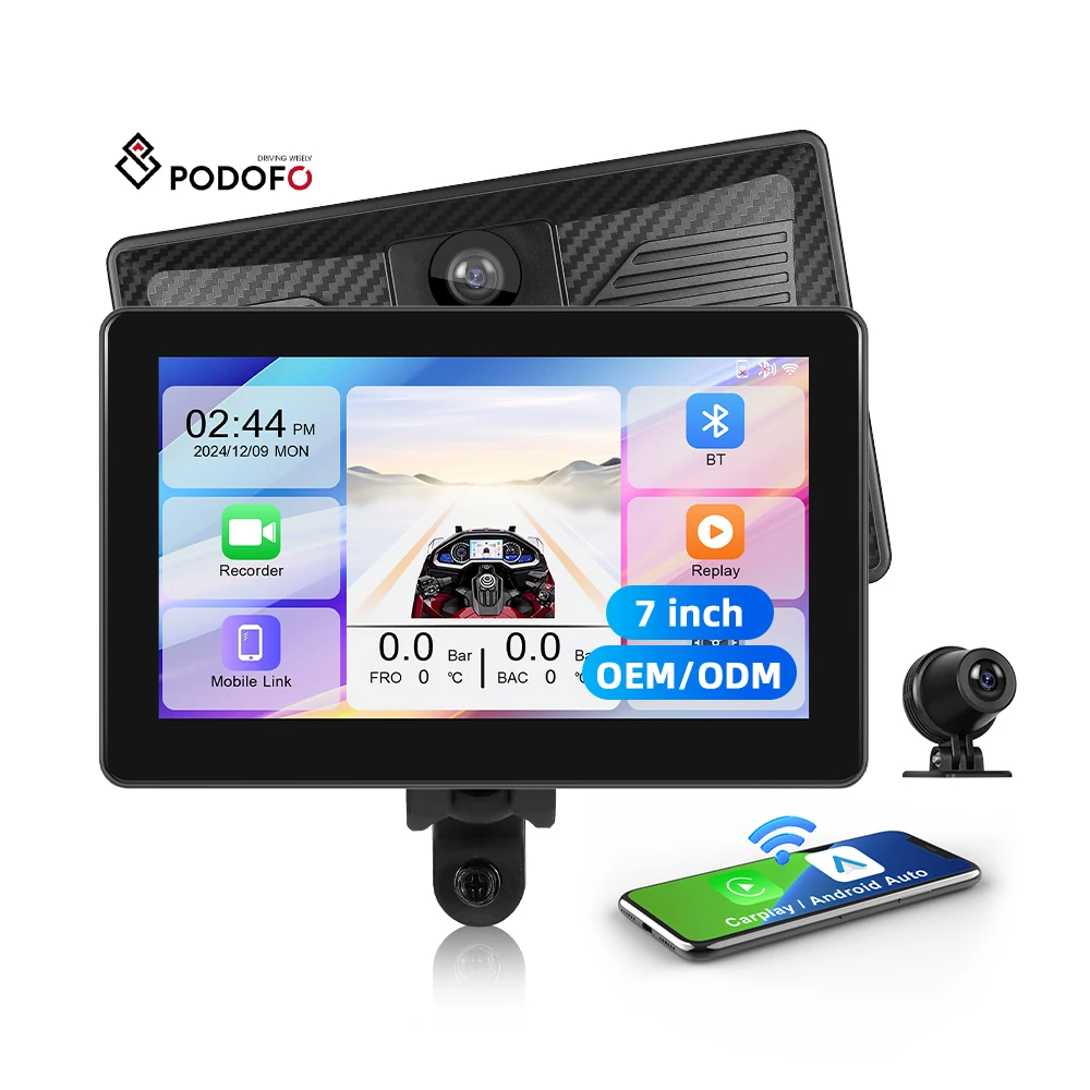 Podofo 7 Inch Motorcycle DVR Portable Wireless Carplay Android Auto Rear + Front Camera Pressure Detection Autoradio A4036