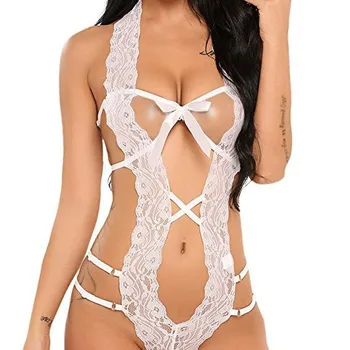Women's Sexy Satin Bodysuit Lingerie Set Adult Temptation Open Chest Backless Sleepwear Lace Decoration Embroidery Hole Detail