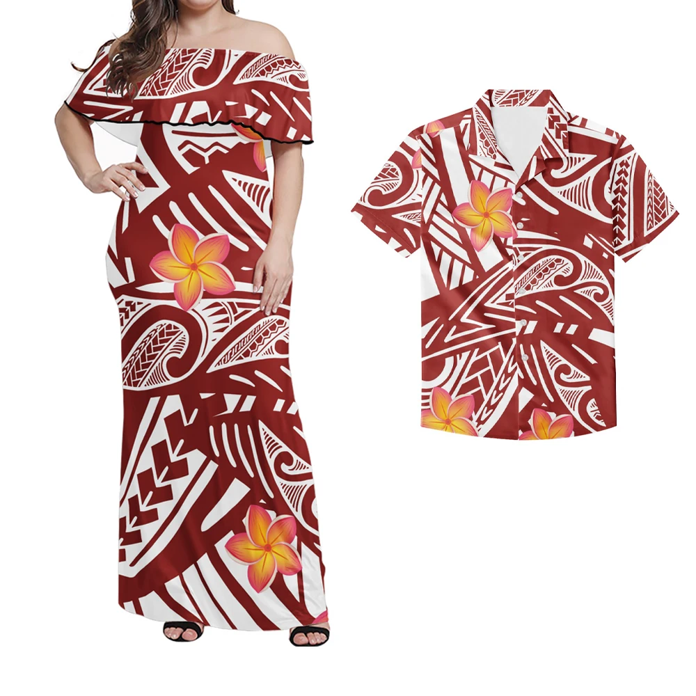 Red Polynesian Samoa Tribal Print Summer Women Ruffle Off Shoulder ...