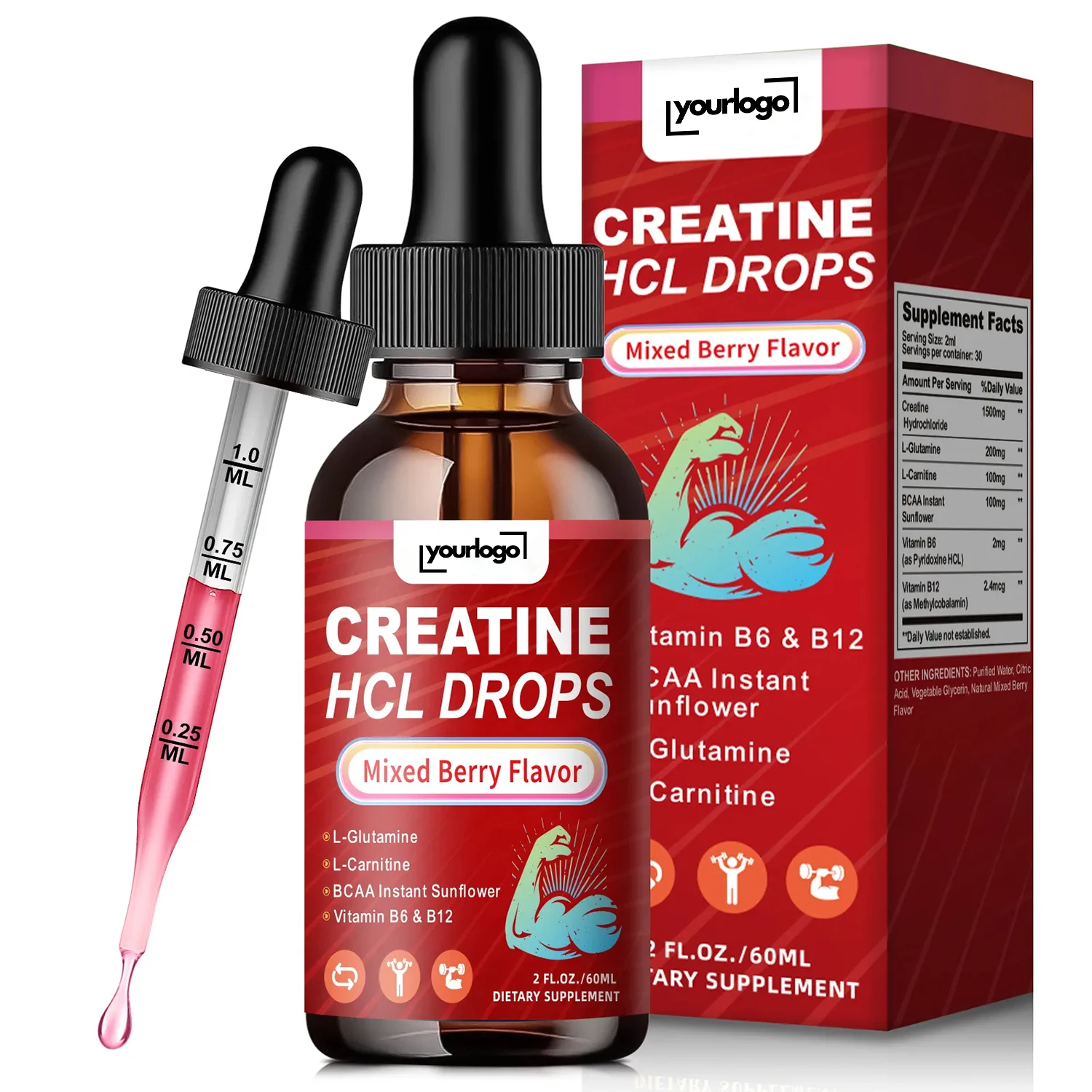 OEM Private Label Creatine HCL Liquid Drops Creatine Hydrochloride with L-Carnitine, L-Glutamine, BCAA, Vitamin B12 & B6