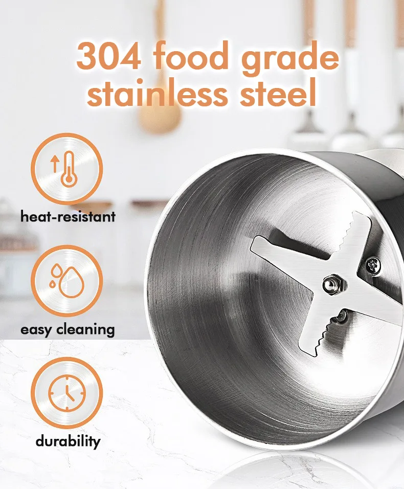 Silver Mini Electric Coffee Grinder for Household Use for Spices and Seeds with 2 Removable Stainless Steel Bowls