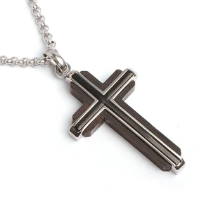 Double Crosses Stainless Steel Necklace Wooden Cross Pendant Necklace Men Pendants