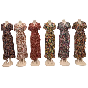 Wholesale New Women's Summer Floral Print Short Sleeve Waist V-neck Casual Daily Dress