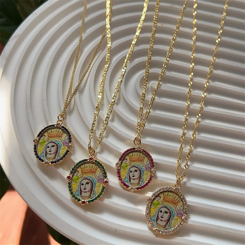 Wholesale Womens Catholic Religious 18K Gold Plated Zircon Paved Enamel Color Our Lady Virgin Mary Pendant Charm Necklace