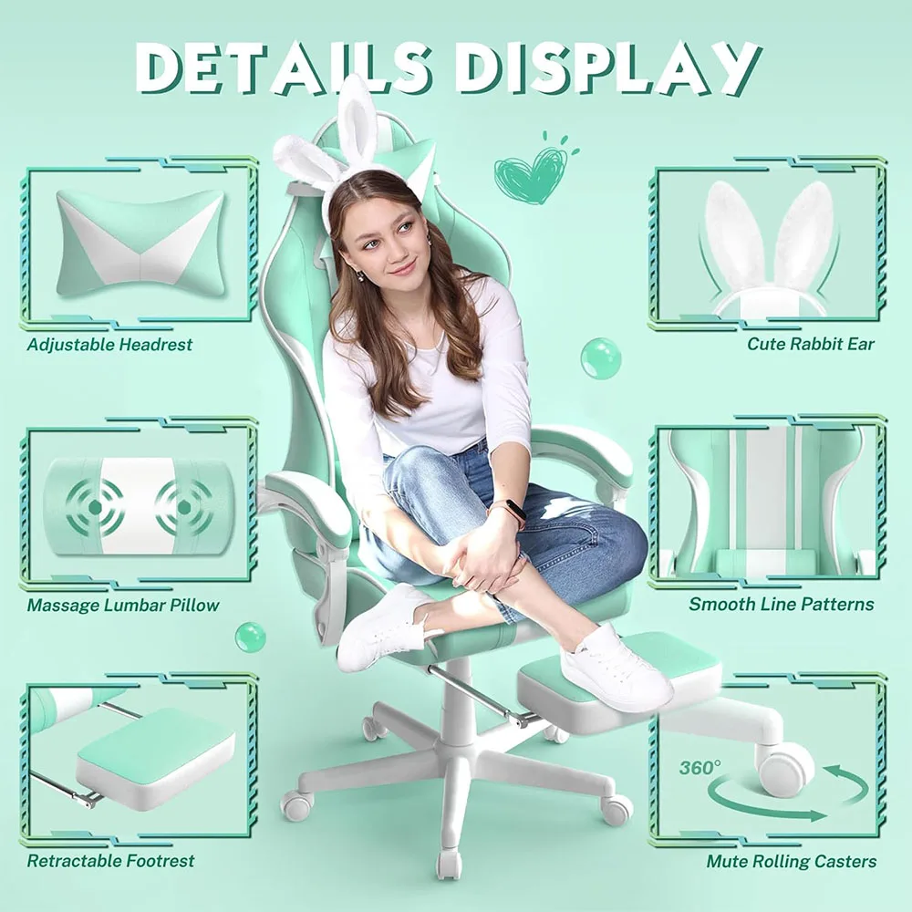 Light Green Gaming Chair with Bunny Ear Ergonomic Design