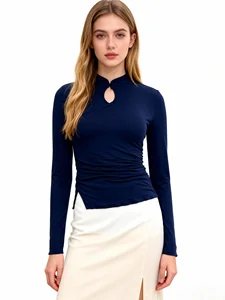 Women's Spring/Autumn Knitted Soft Stretch High Quality Fashion Elegant Cheongsam Collar Keyhole Cutout Ruched Slim Long Sleeve