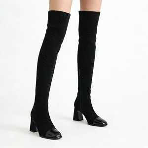 Women's Black Faux Suede Over-the-Knee Boots - Patent Toe Trim Block Heel Dress Footwear 2026 Autumn