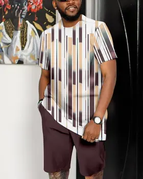 New Design Colorblock Print Shorts Short-Sleeved T-Shirt 2 Pieces Set Wear Men Designs Clothes Suits African For Men