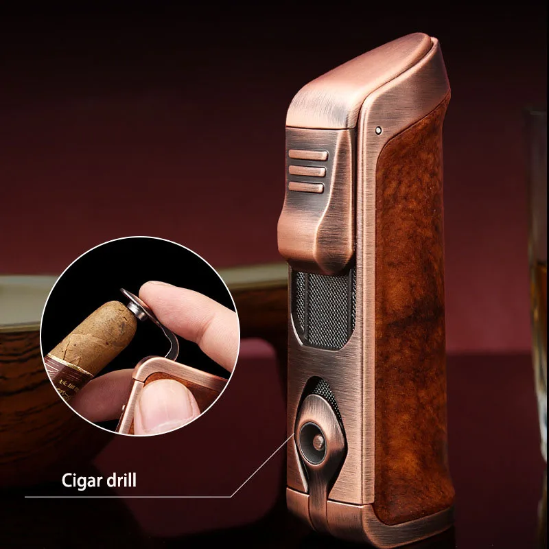 Honest Metal Cigar Lighter with Cigar Cutter Three Blue Flame Gas Refillable Windproof Minimalist Design for Presents