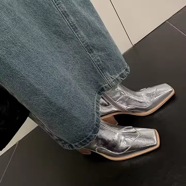 Genuine Leather Cowboy Short Boots Metallic Silver 7cm Block Heel Women Western Boot - Image 4