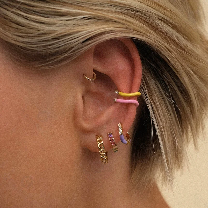 Gemnel Pop Huggie Design Wave Mini Hoop clear CZ 925 Silver Custom Enamel Earrings