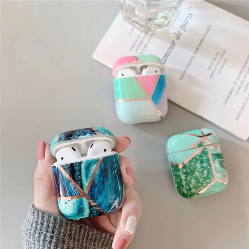 Глянцевый Блестящий IMD чехол для хранения наушников с геометрическим рисунком под мрамор, чехол для Airpods 1 2, футляр для Airpods для женщин, оптовая продажа