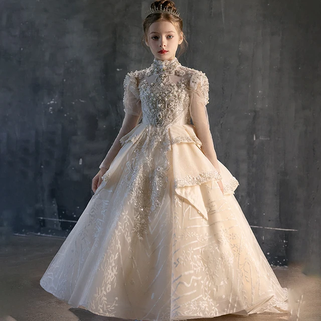 Children's Dress for Girls with Pearl Embroidery Tail & Tulle Accents