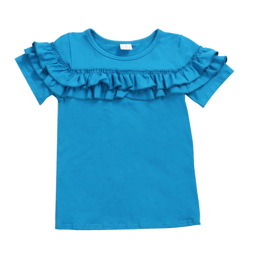 Оптовая продажа, футболки для девочек, простые классические рубашки с оборками, детская одежда, футболка с коротким рукавом, топы из 100% хлопка