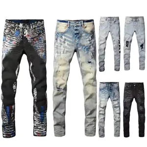 Trending Designer Jeans Vintage Streetwear Skinny Pants Stacked Ripped Denims Jeans Slim Fit Men's Jeans
