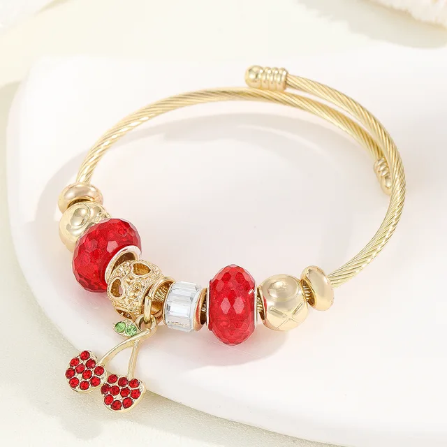 High quality gold plated stainless steel cherry charm bracelet large hole beads DIY bangle bracelet for women girls